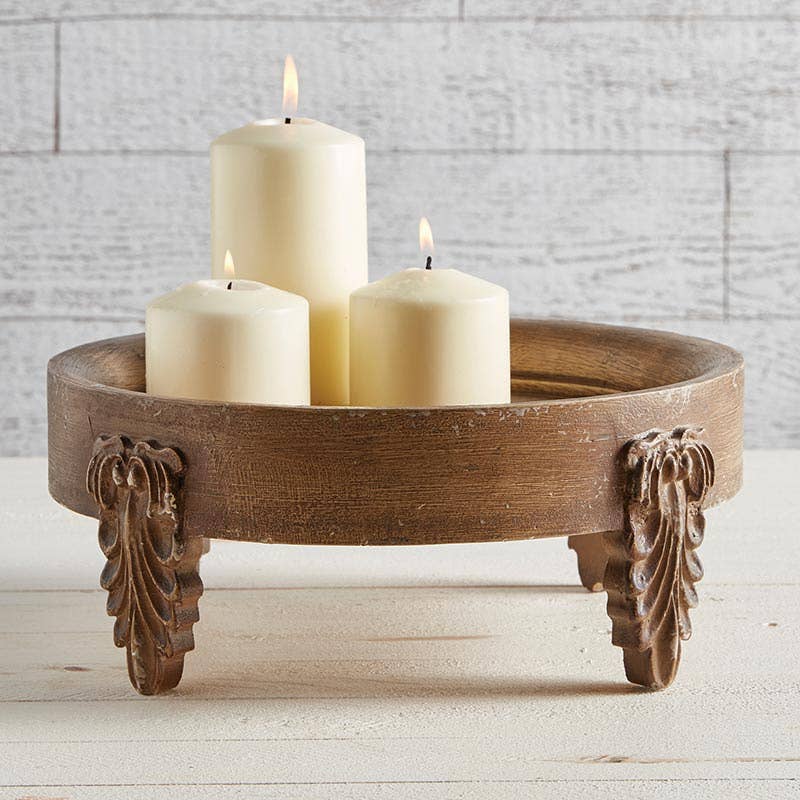 Carina vintage inspired decorative wood riser with three off white pillar candles