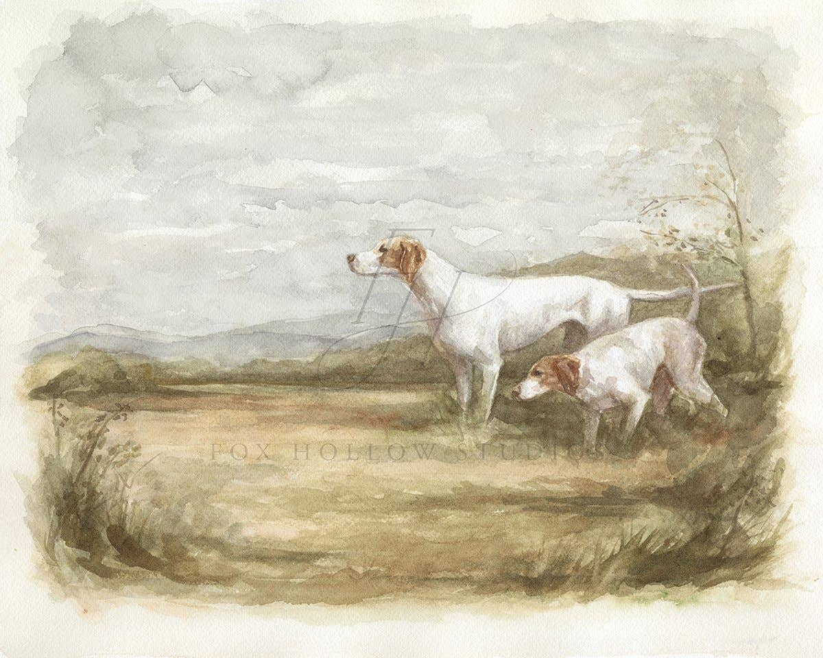 Hunting dogs art, watercolor fine art print with impressionistic background 