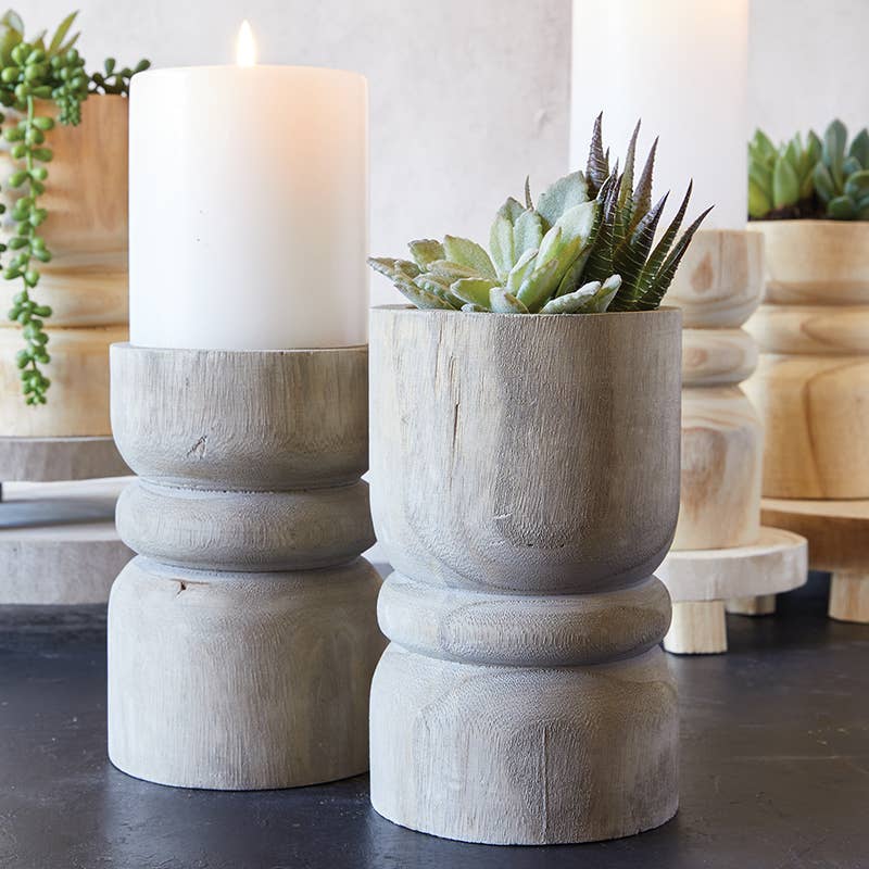 Paulownia Wood Pillar Candleholder on tabletop with other candleholders | Hugo George Home Decor and Accessories