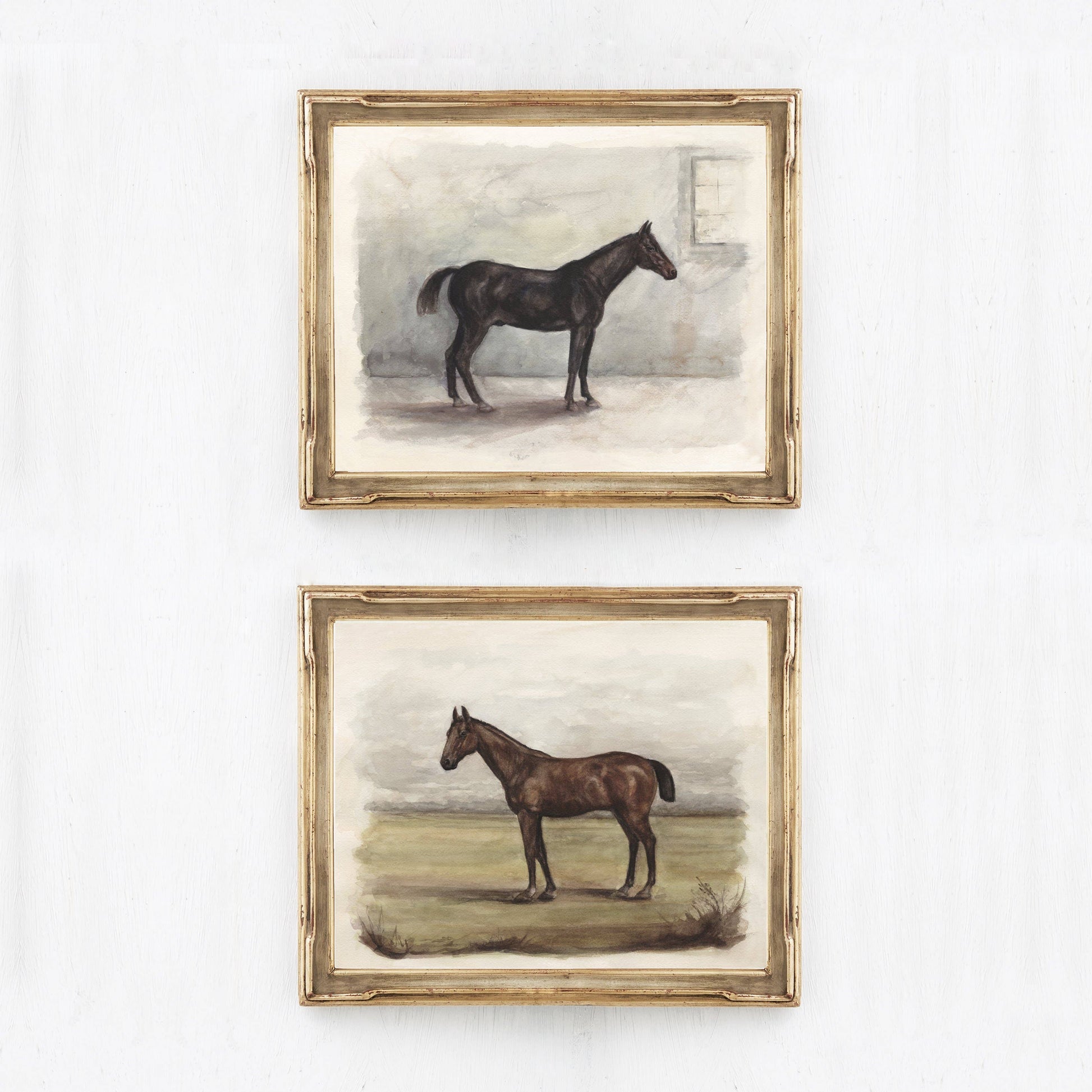 Black horse wall art and brown horse wall art in gold frames