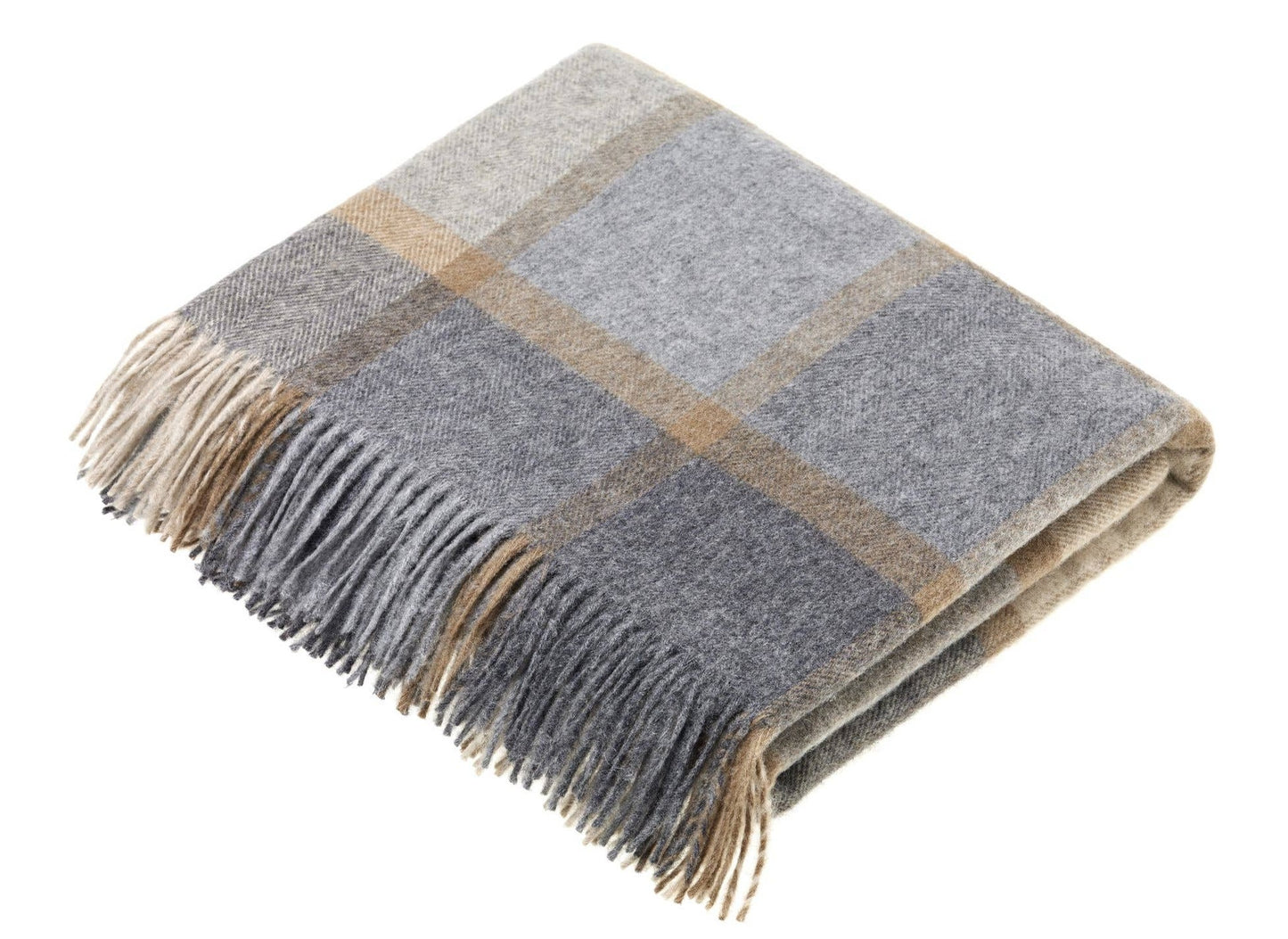 Mares windowpane merino wool throw blanket in gray, camel and ivory | Hugo George Home