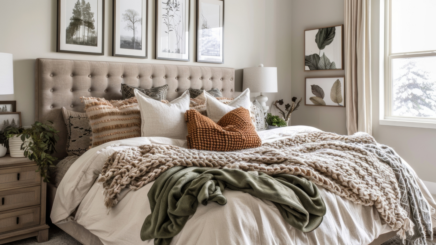 Earthy burnt orange and sage green throw pillows and throw blankets on a sophisticated bed, blending cozy textures with modern traditional home decor.