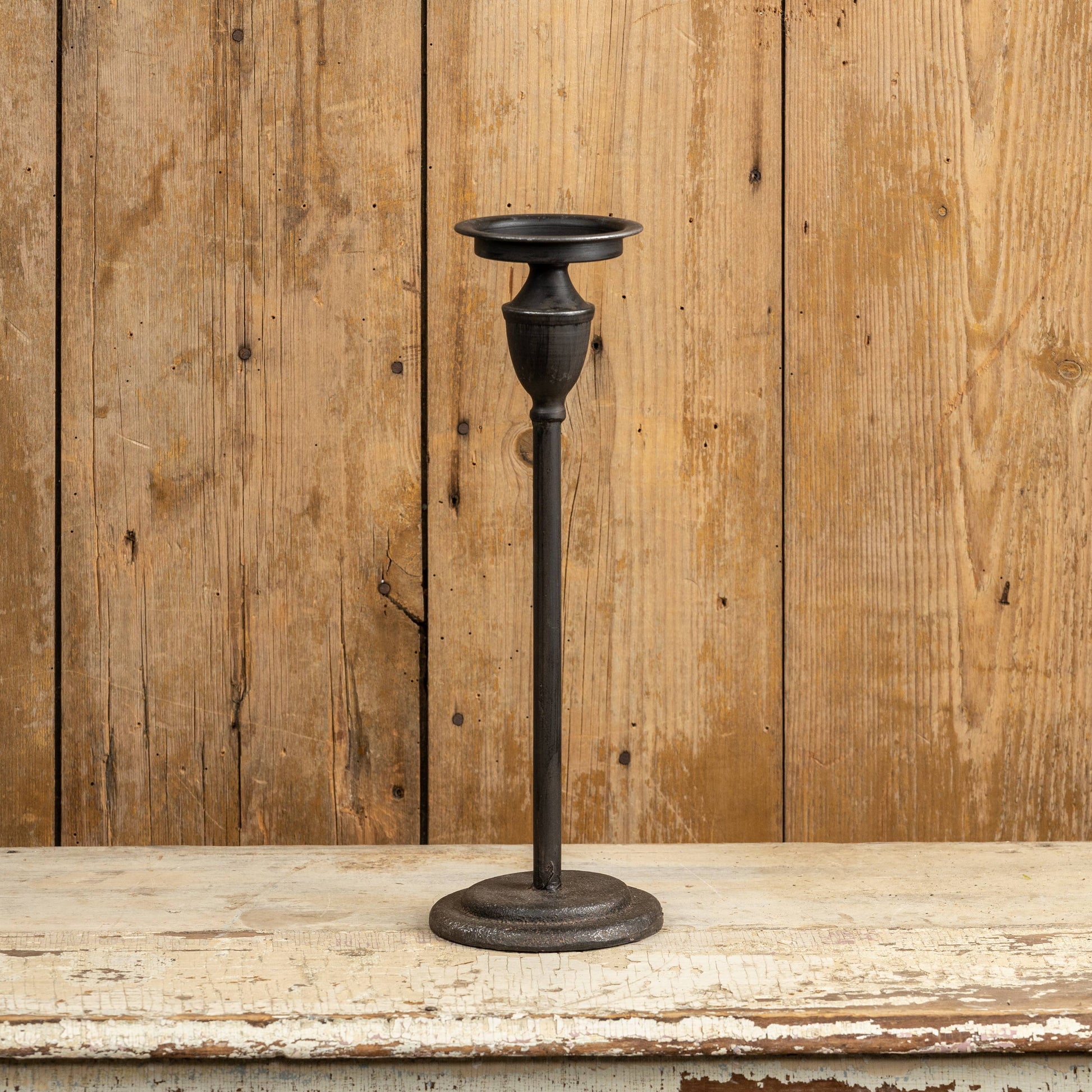 Ondrea 16" Black Metal Candlestick for pillar candles on rustic table | Hugo George Home