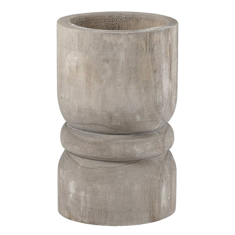 Ustin Paulownia Wood Pillar Candleholder in driftwood gray finish on white background | Hugo George Home Decor 